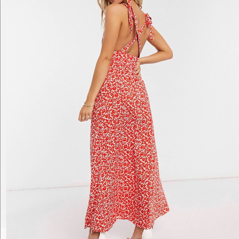 NEW - orange/red and white printed, plunge maxi dress